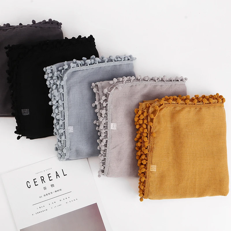 Женский хлопковый шарф с помпонами 1 шт. зимний простые шали хиджаб мусульманская