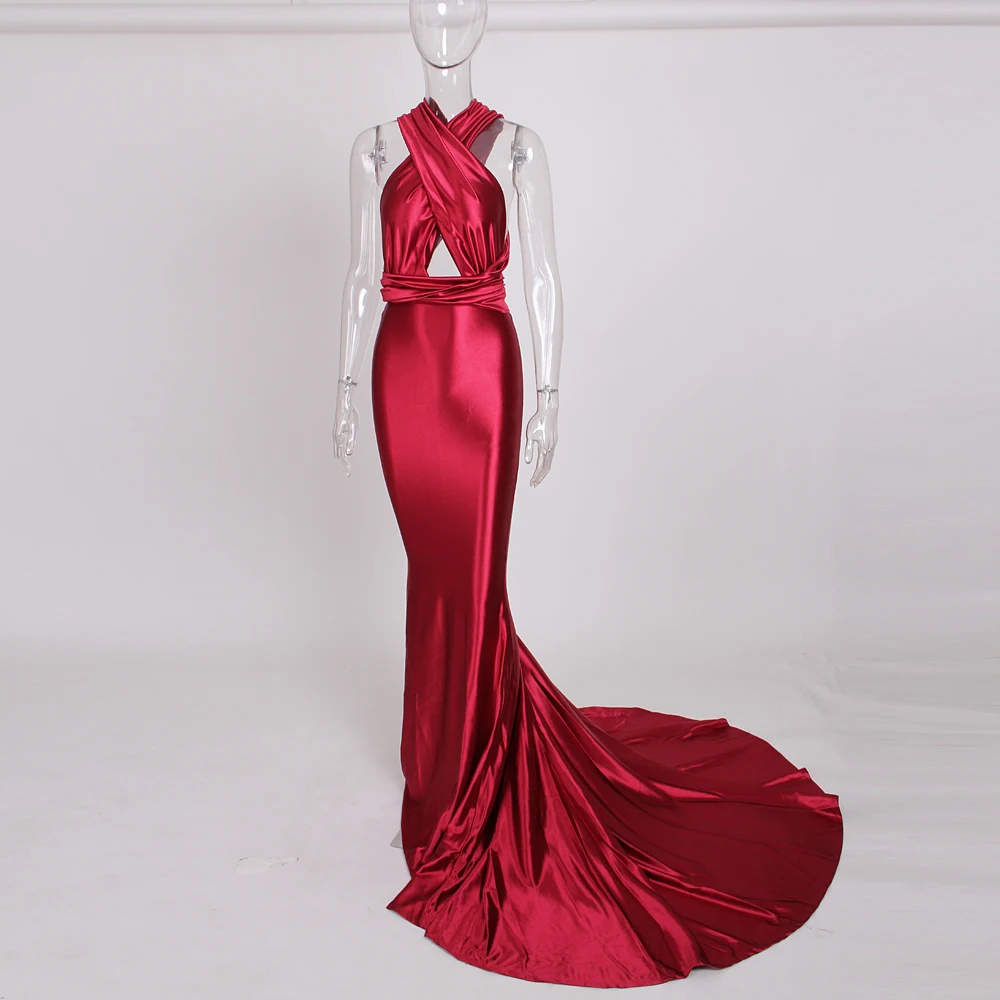 Синее бордовое атласное платье Русалка элегантное вечернее с открытой спиной