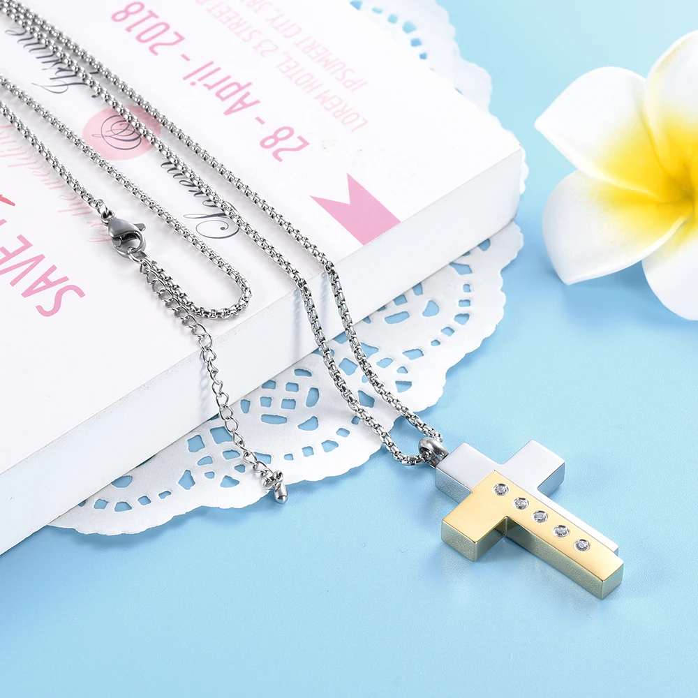 

IJD9898 Inlay Crystal & Two Tone Cross Urn Necklace Ashes Jewelry Pendant Stainless Steel Memorial Locket Jewellery For Men