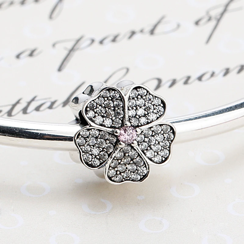 

925 Sterling Silver Sparkling Poetic Blooms with Pink&Clear CZ Beads Fit Charms DIY Bracelets Fashion Jewelry Gift