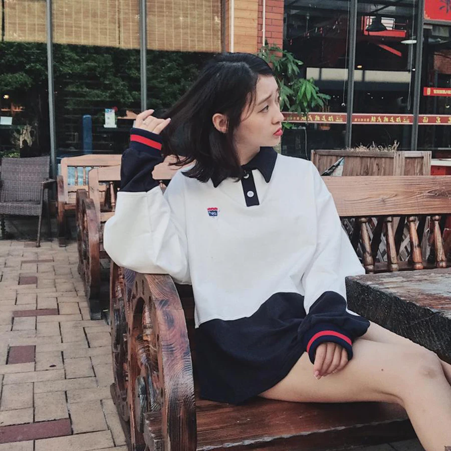 Harajuku Повседневный пуловер в стиле пэчворк Женская Толстовка Корейском уличная