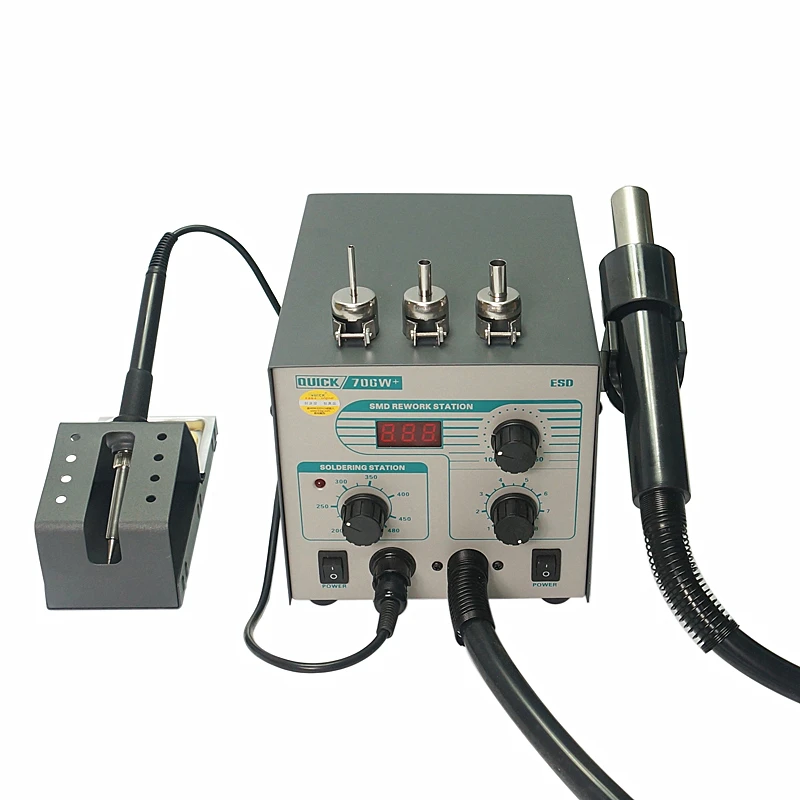 

QUICK 706W+ Digital Display Hot Air Gun + Soldering Iron Anti-static Temperature Lead-free Rework Station 2 in 1 With 3 Nozzles