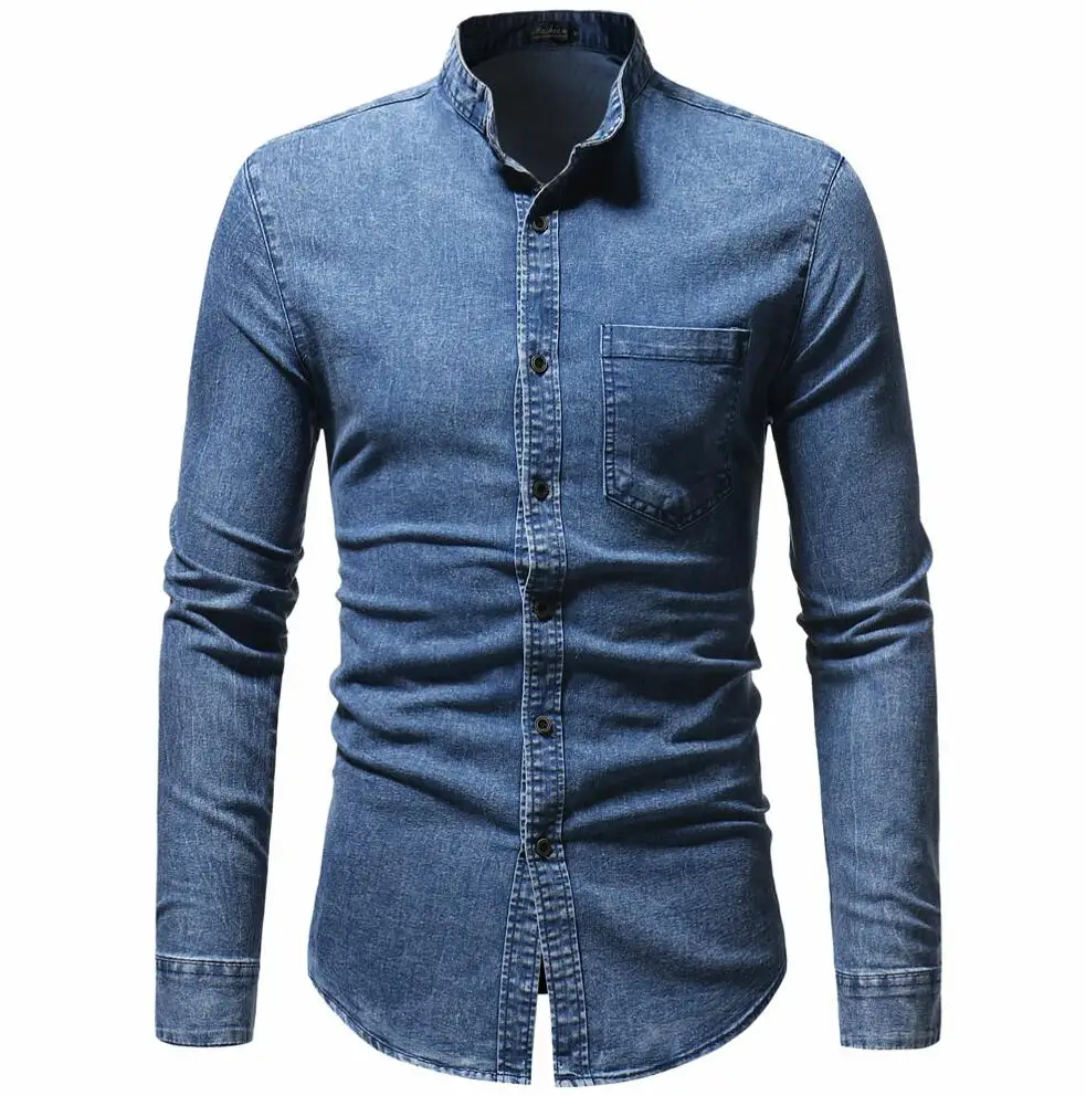 Blue Shirt Джинсовая мужская рубашка, брендовая, длинный рукав, повседневная, Ретро стиль, мужская рубашка, приталенная, одноцветная, стирается, размера плюс, Мужская одежда, черный, синий - Цвет: Blue Shirt