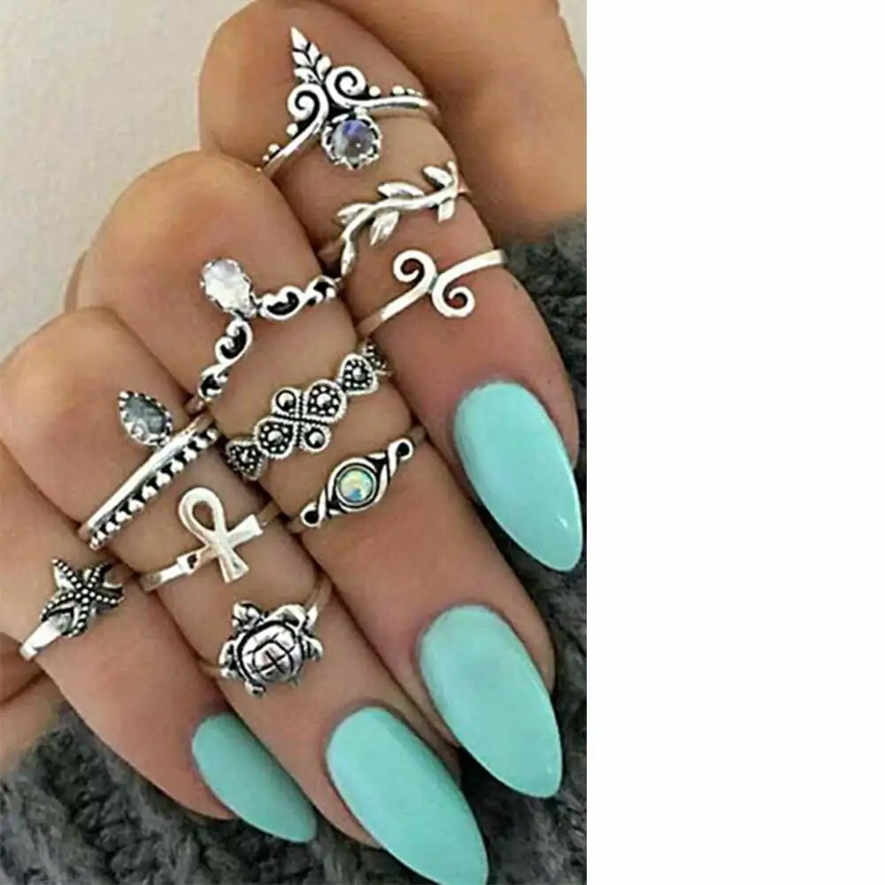 BXW 10 шт./компл. Boho винтажное милое кольцо с черепахой набор открывающиеся кольца