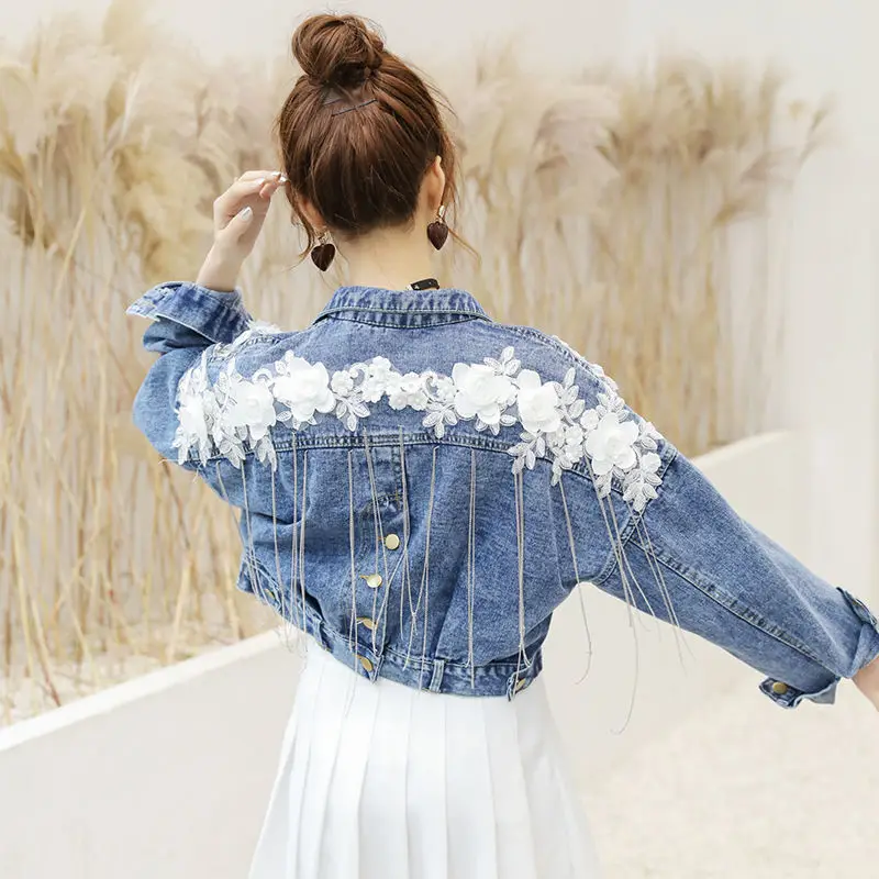 

2021 Spring Autumn Floral Appliques Tassel Women Short Demin Jacket Korean Casual Chains Loose Femme Short Jean Coat Female Tops
