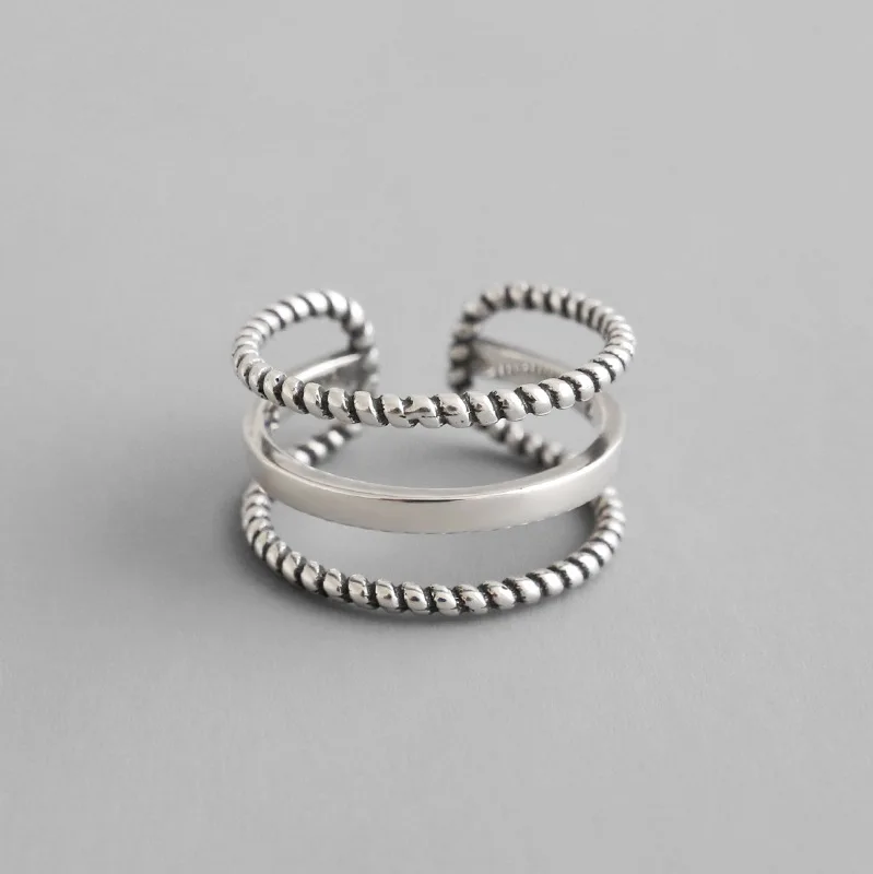 

Vintage Old S925 Sterling Silver Open Ring Women Twist Three Wires Weave Retro Style Hollow Lady Rings Bijoux Femme