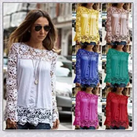 Летняя мода 2015 шифоновая кружевная блузка с длинным рукавом вязанные крючком