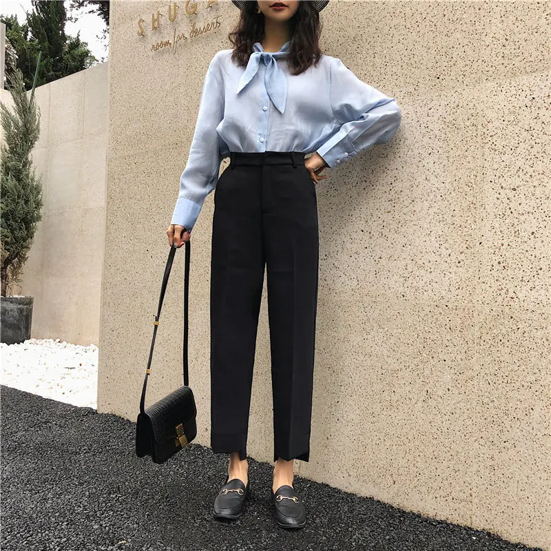 Новинка 2019 года Летние повседневные узкие черные брюки-карандаш с высокой талией