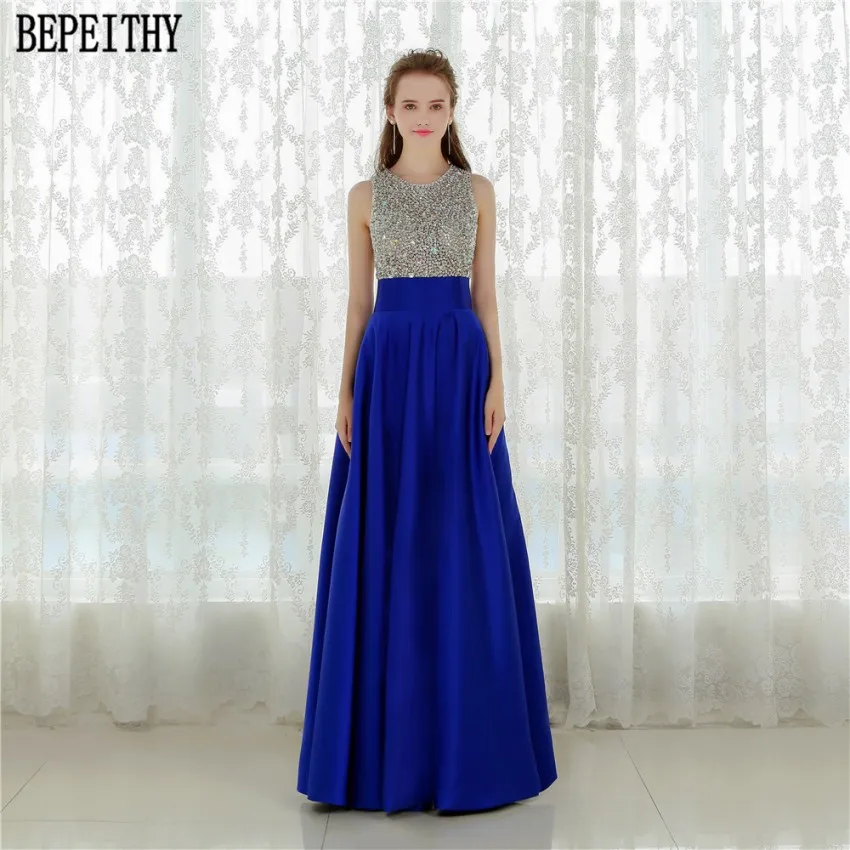 BEPEITHY Vestido Longo ярко-синий длинный вечернее платье Кристальный Топ винтажное вечернее платье Robe De Soiree с карманом - Цвет: Синий