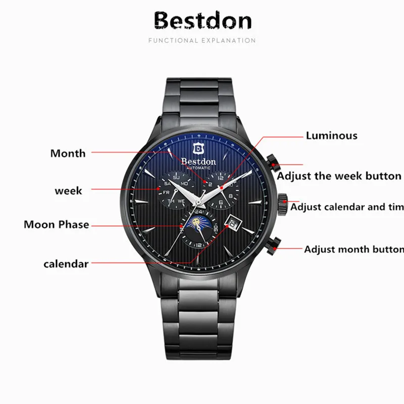 2017 мужские часы люксовый бренд Bestdon деловые механические золотые Календарь