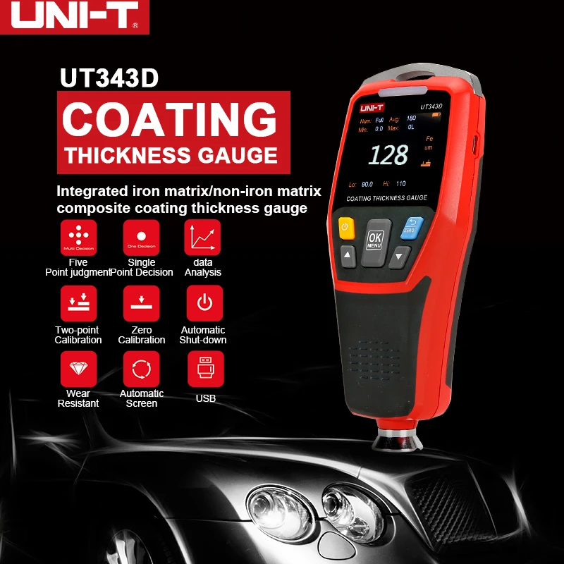 

UNI-T UT343D Car Paint Film Coating Measure FE/NFE measurement Portable Car Paint Tester Meter Mini thickness gauge Car detector
