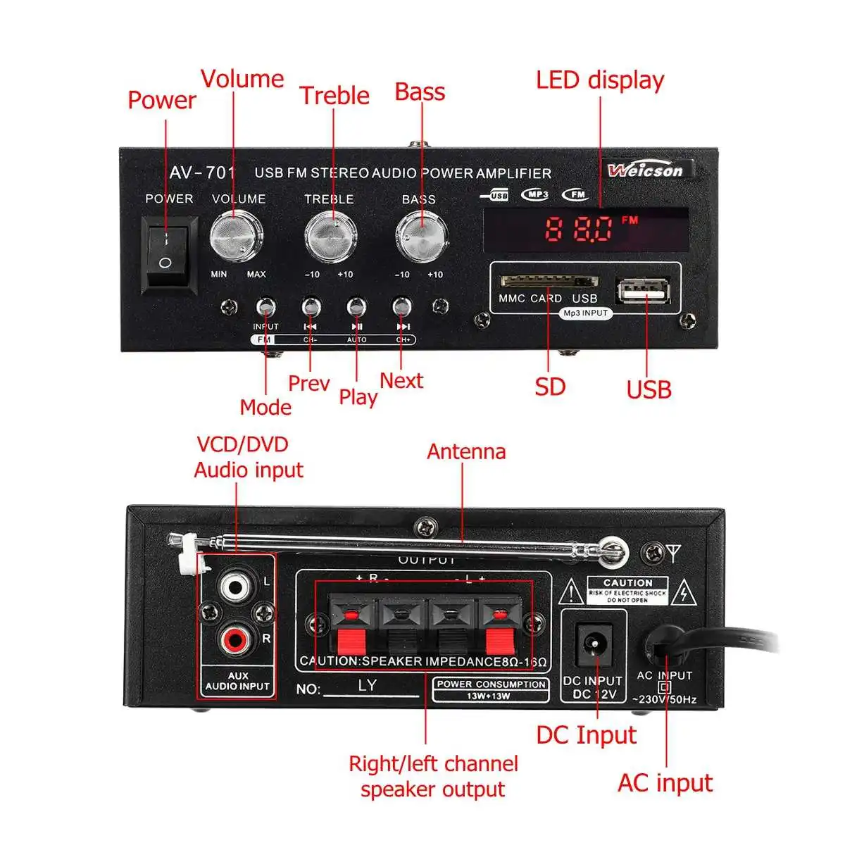 750 Вт автомобильный bluetooth стерео аудио усилитель HIFI усилитель USB SD FM MP3 Palyer 12 В/220 В