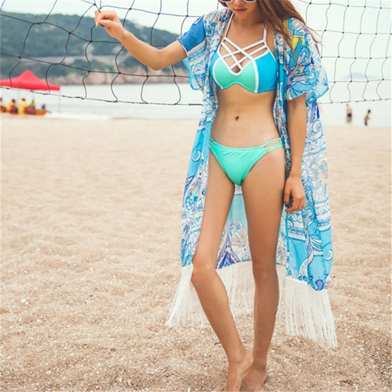 Пляжные Cover Up шифон Бикини кафтан кисточкой парео саронги купальники Туника