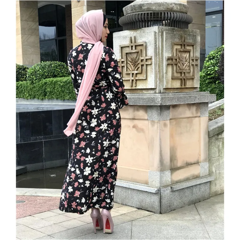 Женская мусульманская одежда Abayas макси платье с длинным рукавом и цветочным