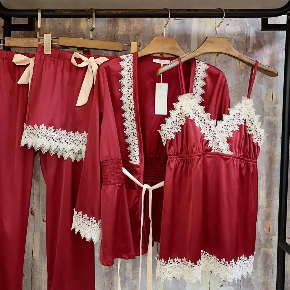Новый Атласный Женский пижамный комплект из 4 предметов женская пижама