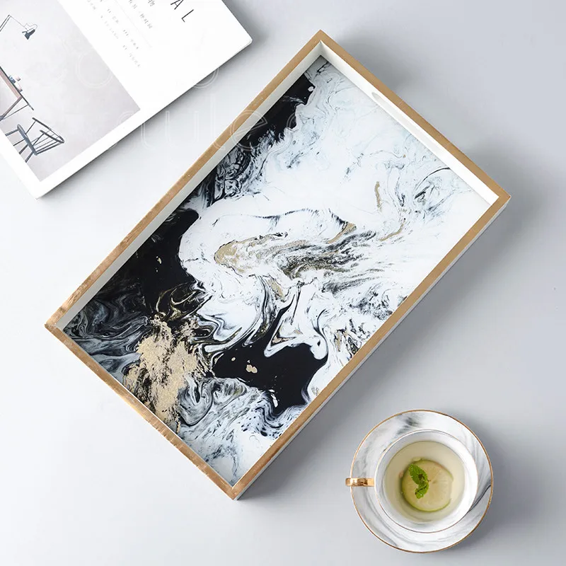 Cocostyles InsFashion artistic style rectangle marble pattern wooden serving tray for american dining-table home decor | Дом и сад
