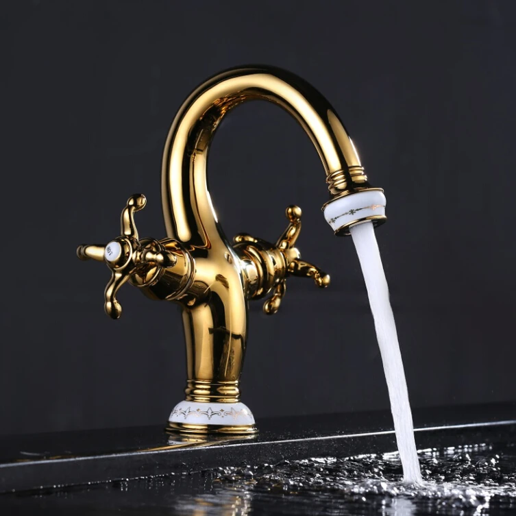 

European antique gold-plated double the ceramic basin faucet hot and cold faucet copper complex classical full genuine new