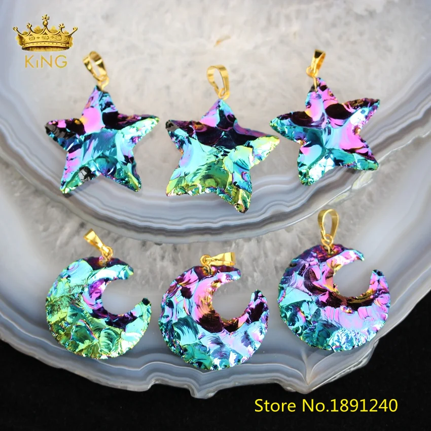 

5PCS Rainbow Mystic Titanium Black Tourmaline Pendants,Sparkly Stars Moon Stones Charms Craft Necklace Fine Jewelry Bulk DSS179