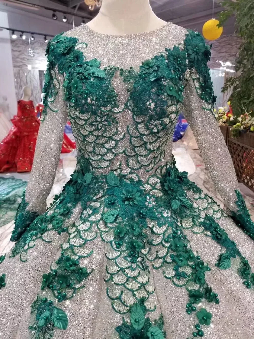 LSS458 бальное платье блестящее вечернее зеленое с аппликацией о-вырезом длинными