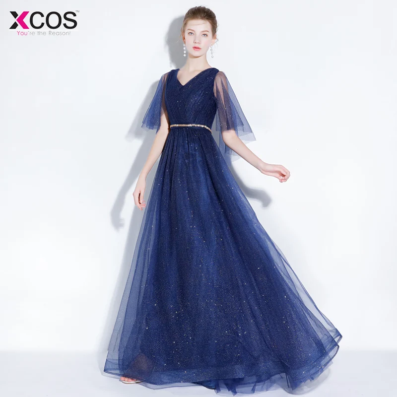 Формальное элегантное вечернее платье длинное женское темно-синее с v-образным