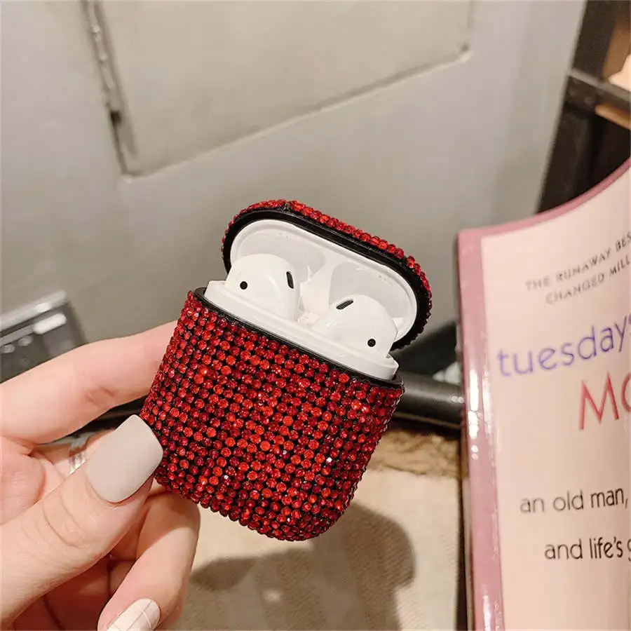 Чехол для Airpods Блестящий горный хрусталь чехол для наушников Airpods 2 защитный чехол Роскошные Наушники Аксессуары зарядная коробка - Цвет: Red Bling