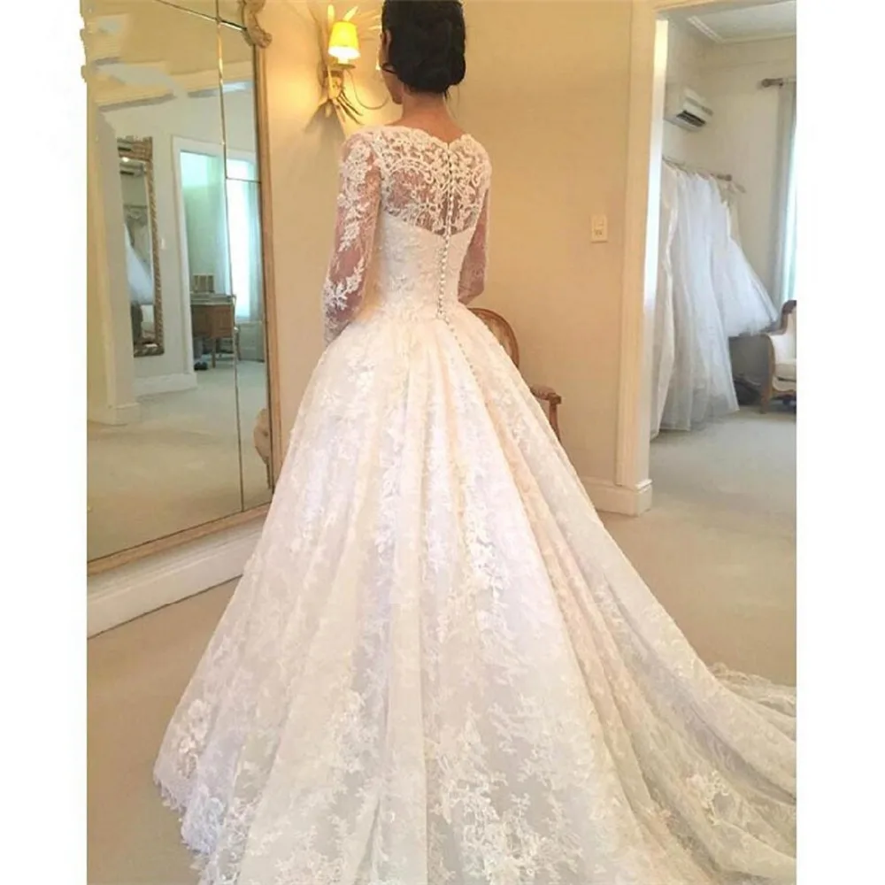 2019 Лидер продаж кнопка белые кружевные свадебные платья с аппликацией длинными