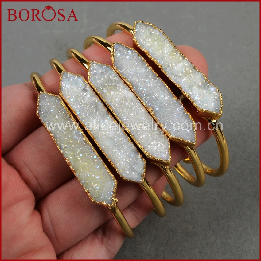 BOROSA 5 шт. натуральный хрустальный титановый AB Geode Druzy браслеты золотой цвет