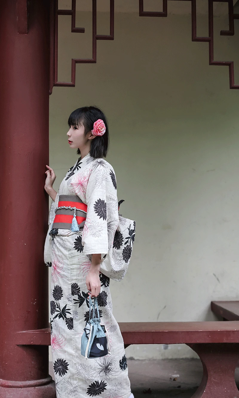 Ladies Imitation Linen Chemical Fiber Fabric Modified Version of Kimono Bathrobe Set Daisy Stem Traditional | Тематическая одежда
