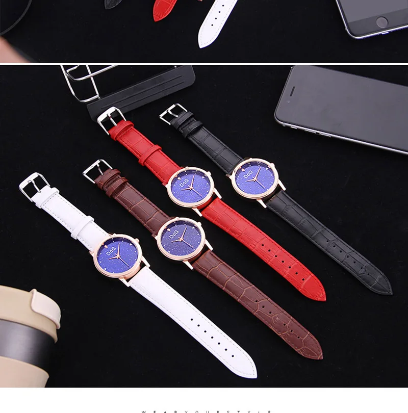 

Relojes Mujer 2020 New Fashion Star Dial DQG Red Leather Casual Quartz Watch Bear Lady Dress Watches Hot Sale Zegarki Damskie