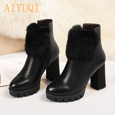 black AIYUQI ботильоны для женщин; коллекция года; зимние женские ботинки; ботинки из натуральной кожи на платформе; пушистый кроличий мех; Теплая обувь на высоком каблуке; Размер 34 - Цвет: black
