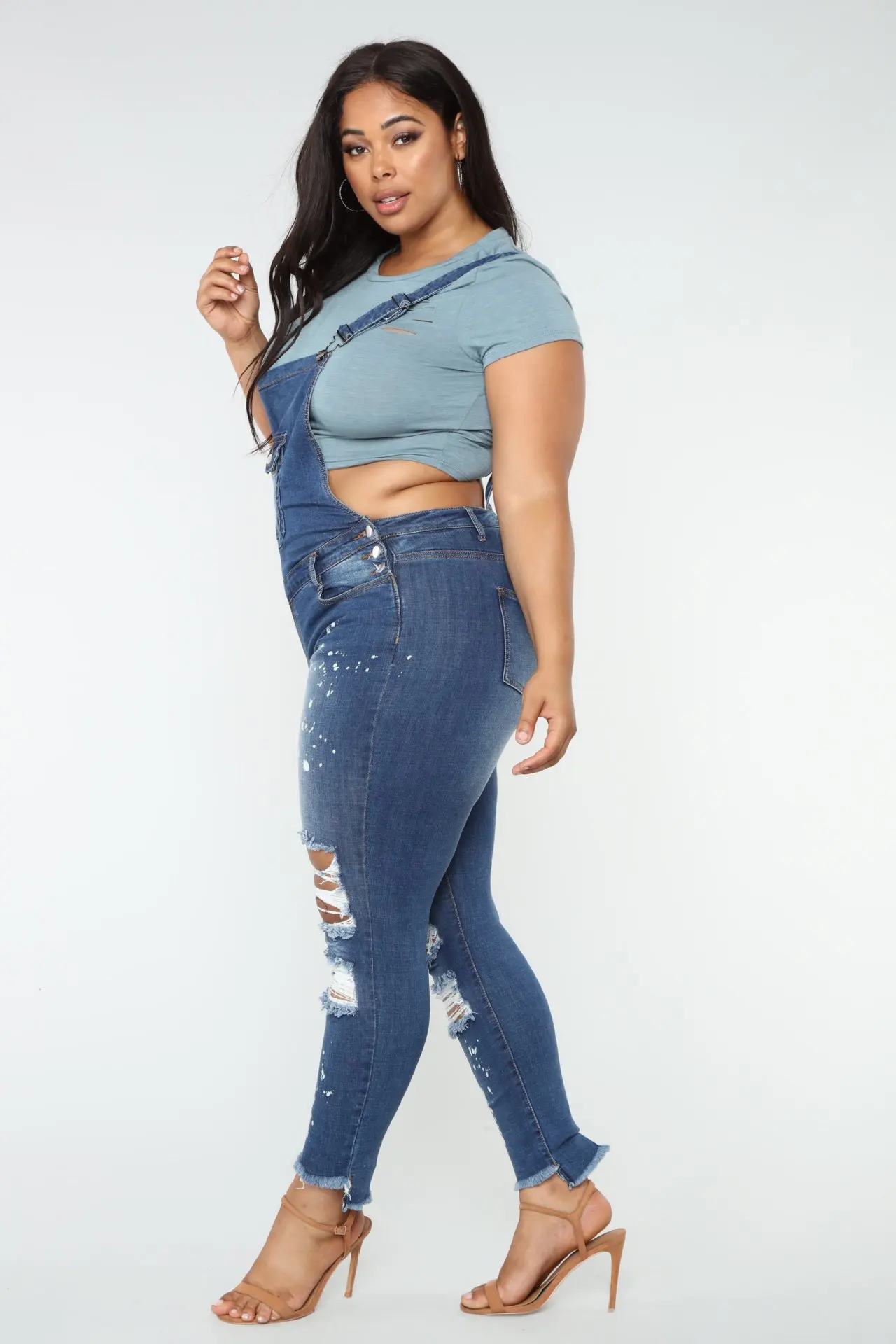 QMGOOD 2018 Women Overalls Plus Size Cool Denim Jumpsuit Straps Ripped Jeans Trousers Skinny Stretch High Waist Female XL |