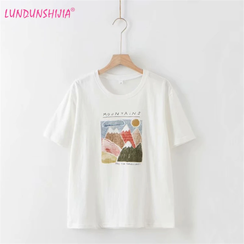 LUNDUNSHIJIA Новинка лета 2019 женские футболки с маленьким горным принтом круглым