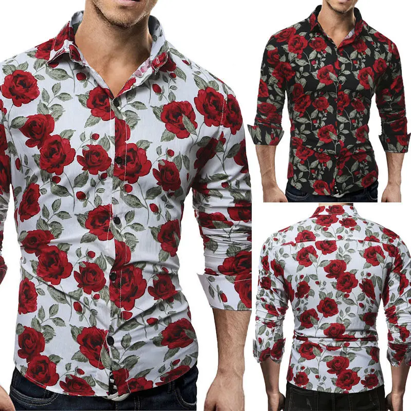 

New Fashion Men Long Sleeve Shirts Tops Tee Slim Fit Casual Rose Flower Printed Shirts Summer Men Tops