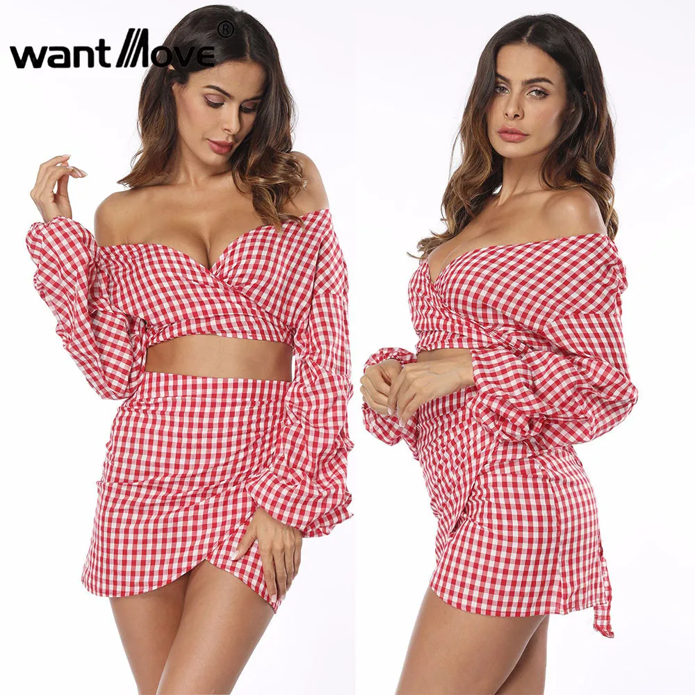 

Wantmove 2018 European and American new 2 piece long-sleeved v-neck strapless mini dress red and white plaid sexy 2 piece WM380