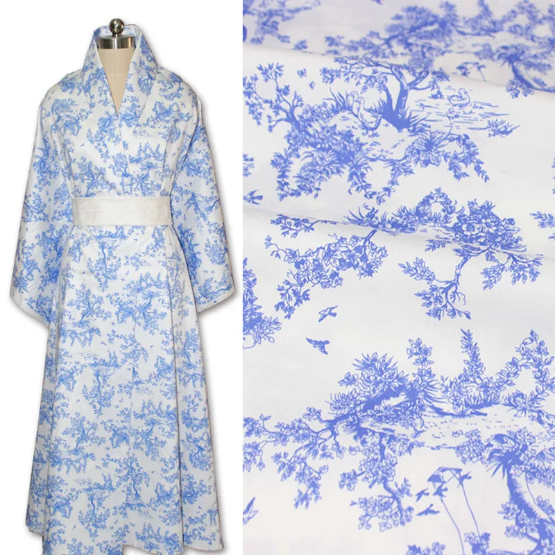 

Half Meter 100% Cotton Twill Fabric Patchwork Handmade Summer Dress Garment Cloth National Wind Blue And White Tree Print T308