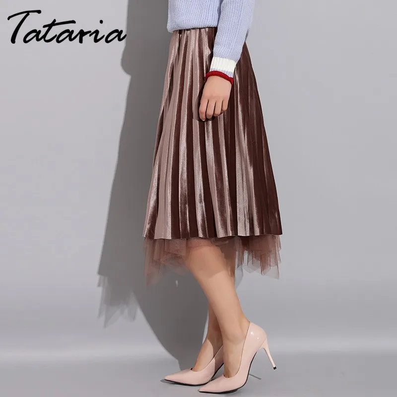 Tataria high Waist Long Tutu Skirt Women Pleated Skirts Women's Winter Autumn Brown For Elegant Midi | Женская одежда