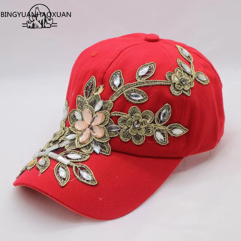 BINGYUANHAOXUAN, женская бейсболка винтажная с роскошными стразами в ковбойском стиле, кепка с цветочным принтом, женская шапка со стеклянными алмазами высокого качества