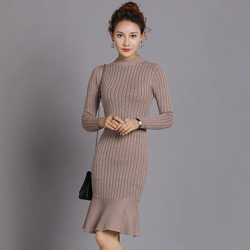 Ruffle Dress Autumn Winter 2018 New Arrivals Long Sleeve Bodycon Dresses Ladies Knee-length Knitted | Женская одежда