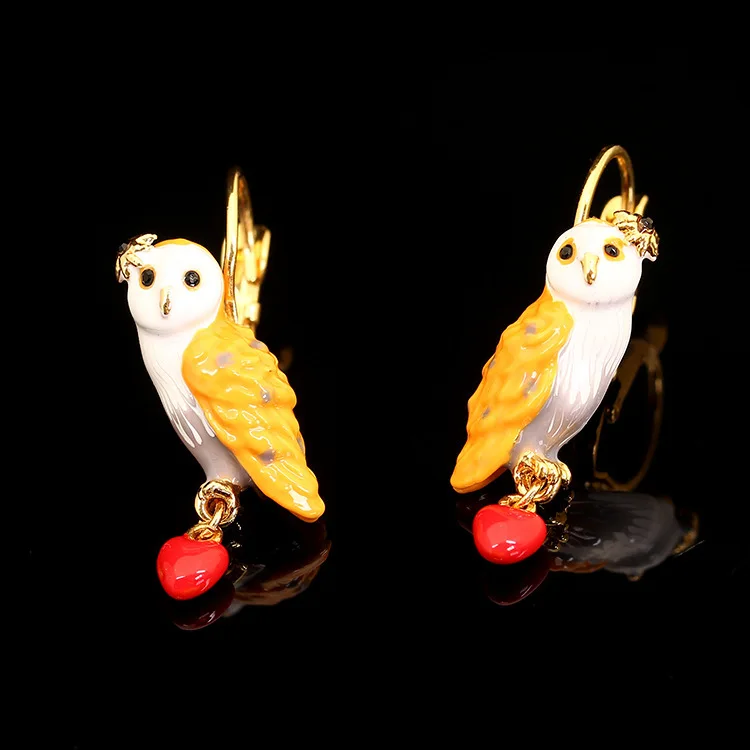 France New Pattern Enamel Snow Owl Crystal Glaze Red Heart Earrings Eardrop Plating Gold Jewelry free shipping | Украшения и