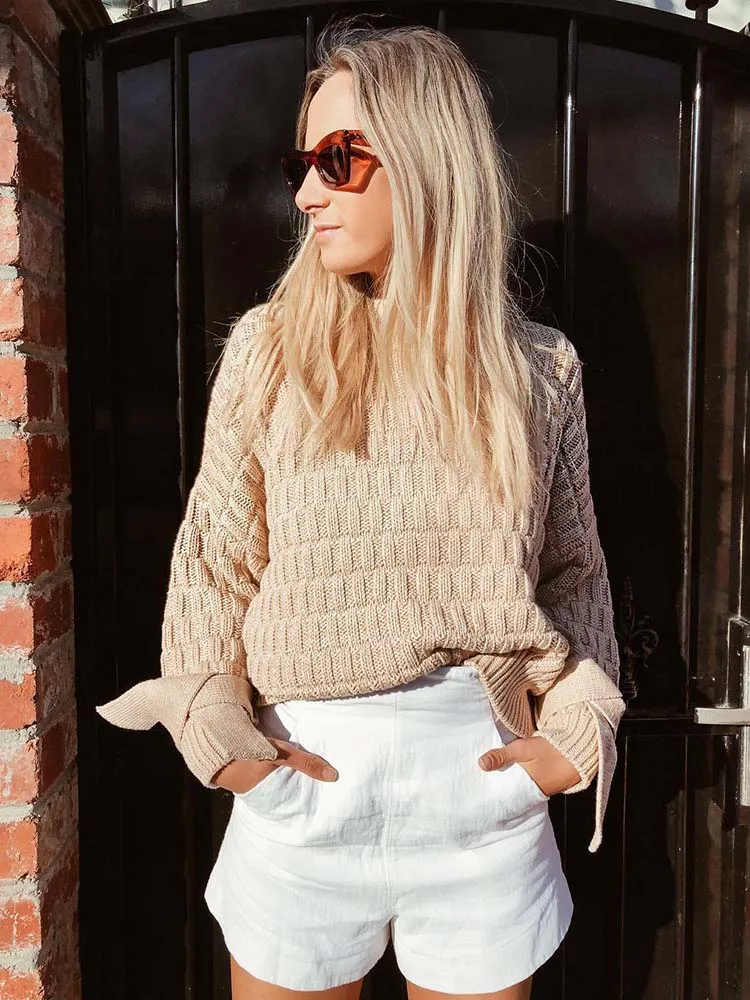 yinlinhe Khaki Loose Autumn Sweater Women Long Sleeve Lace Up Winter Jumpers Fashion O neck Plaid Knitted Pullovers women 1199 | Женская