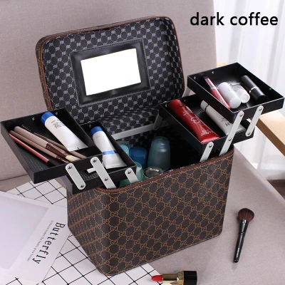 Oversized Darkcoffee Новинка, Большая вместительная косметичка из искусственной кожи, органайзер для женщин, косметичка, косметичка, сумки для туалетных принадлежностей, многослойная коробка для хранения, портативный чемодан - Цвет: Oversized Darkcoffee