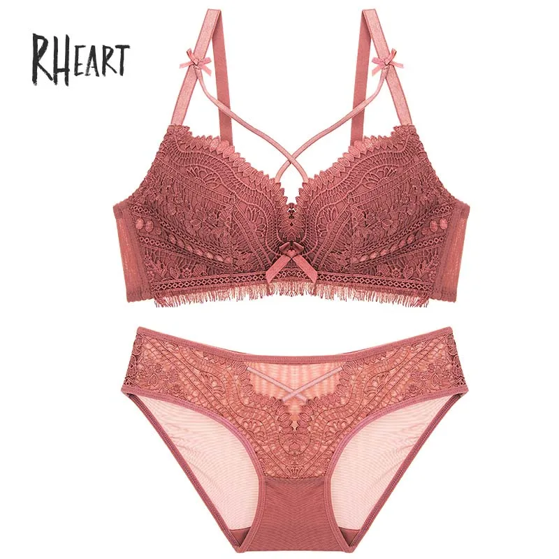 Red Roseheart Женские Модные фиолетовые пикантное Красное Нижнее белье бюстгальтеры вышивка кружевной бант хлопковые трусики беспроводные комплекты бюстгальтеров нижнее белье A B Роскошные - Цвет: Red