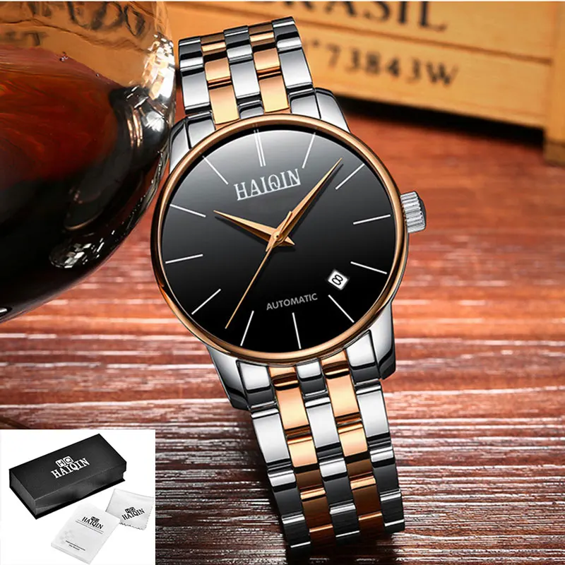 HAIQIN, мужские часы, Лидирующий бренд, автоматические механические Роскошные мужские часы, деловые часы, мужские турбийон, водонепроницаемые мужские наручные часы, Новинка - Цвет: Gold-black