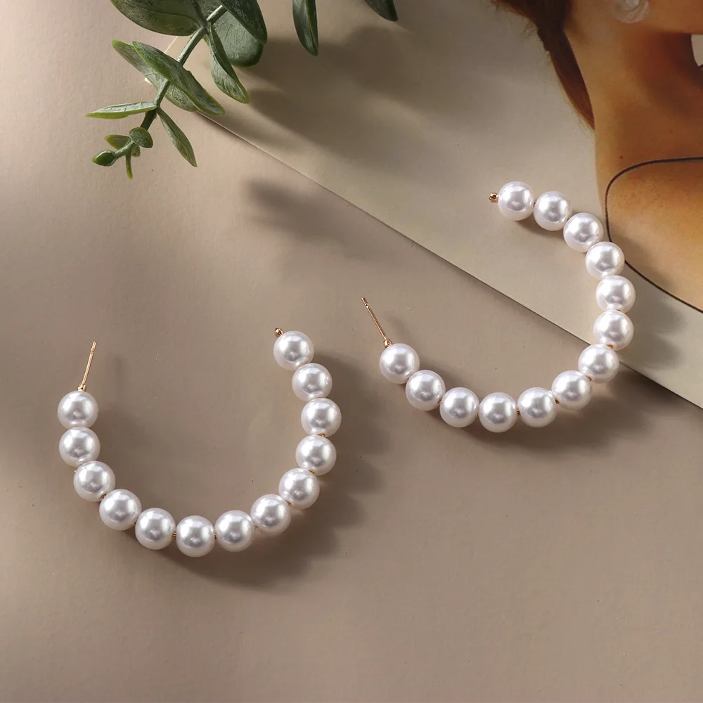 Женские круглые серьги кольца Boho большие золотого цвета с имитацией жемчуга в
