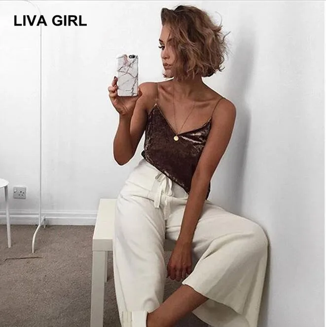 ЛИВА ДЕВУШКА жилет женщин 2017 Летняя мода Рукавов V Шеи Бархат бретели Sexy Партия