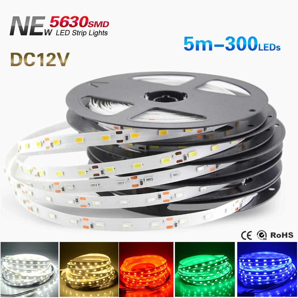 

5 м Светодиодная лента 5630 (5730) SMD гибсветильник лента 12 В постоянного тока 60 светодиодов/м 300 светодиодов, намного ярче, чем 3528 5050 не водонепрон...