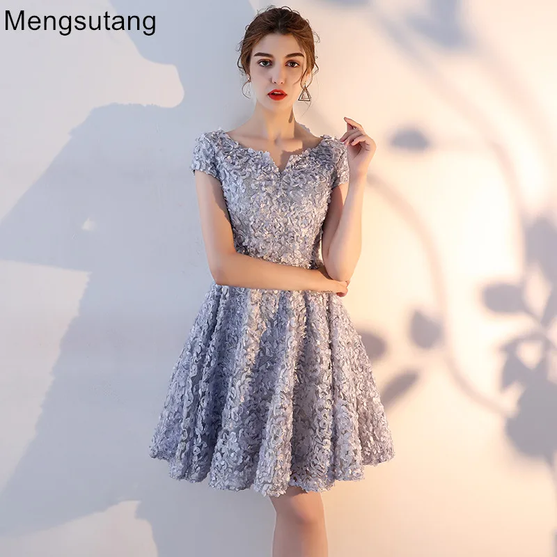 Robe de soiree, Новое поступление, серое кружевное короткое вечернее платье, vestido de festa, платья для выпускного вечера, вечерние платья, индивидуальный заказ