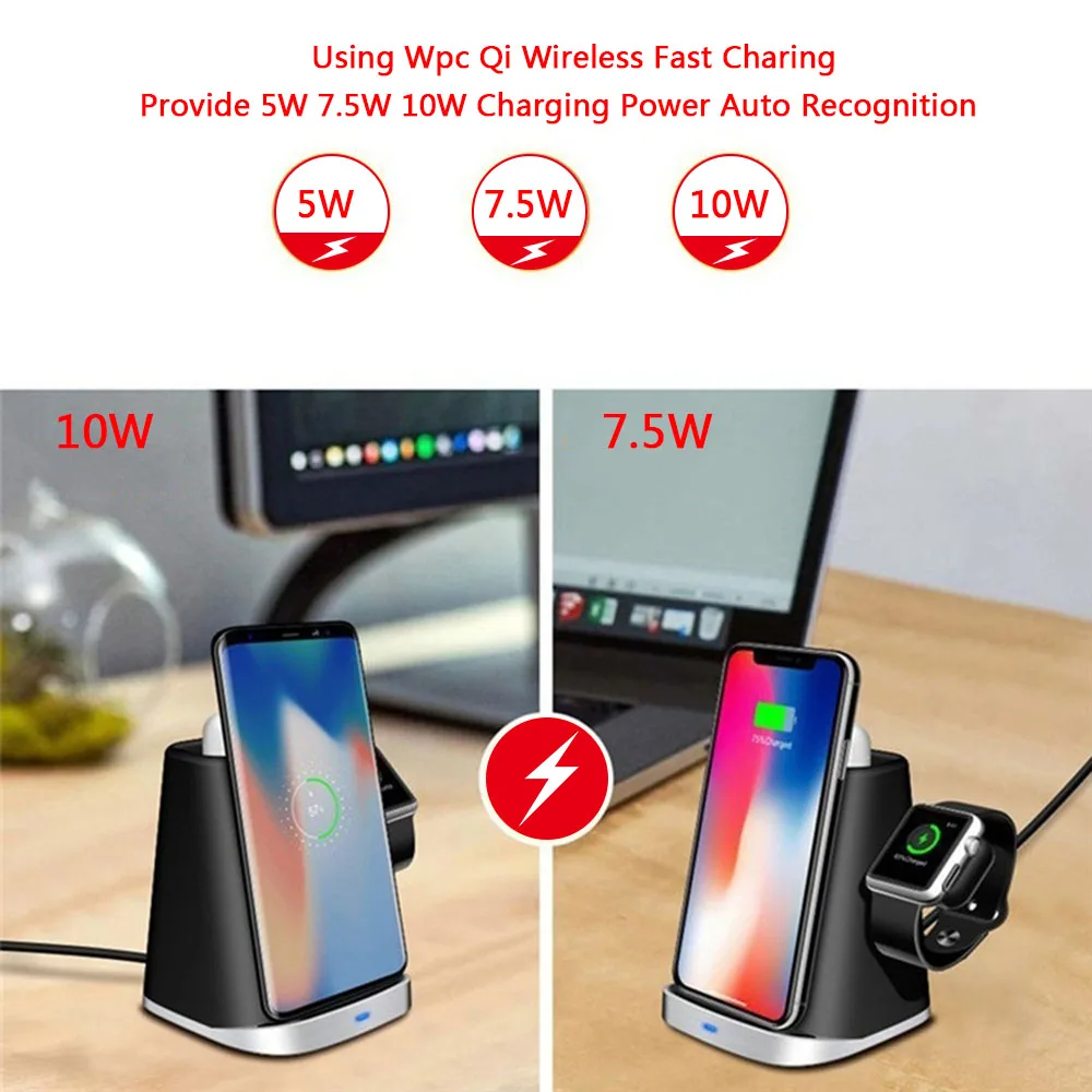 3 в 1 Qi Беспроводное зарядное устройство для IPhone XS XR 8 для Apple Watch 4 3 2 для Airpods Быстрая зарядка держатель док-станция для samsung S9S10E