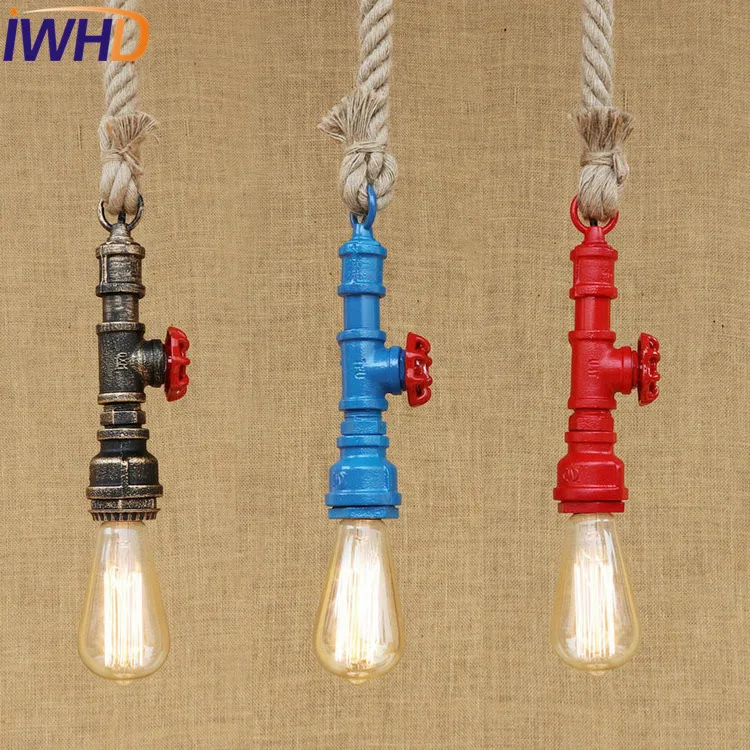 

IWHD Loft Style Iron Water Pipe Pendant Light Fixtures Hemp Rope Edison Vintage Industrial Lighting Dining Room Hanging Lamp