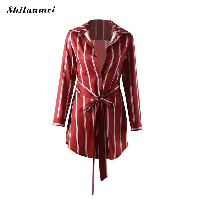 

Striped Long Sleeve Shirt Dress 2019 Summer Autumn Sexy Deep V-Neck Mini Dress Women Elegant Red A-Line Mini Party Dresses Robe